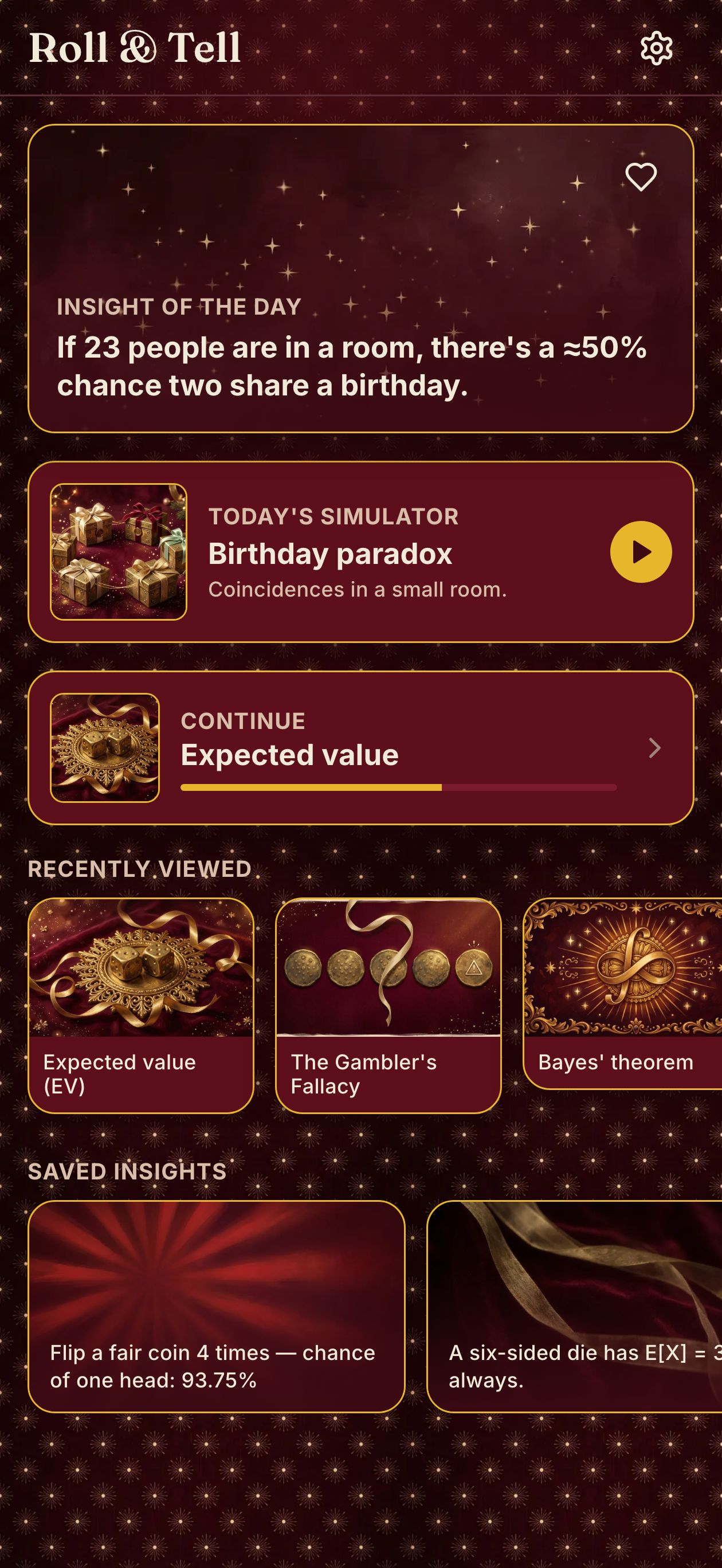 Home — your daily insight, today's simulator, and where you left off