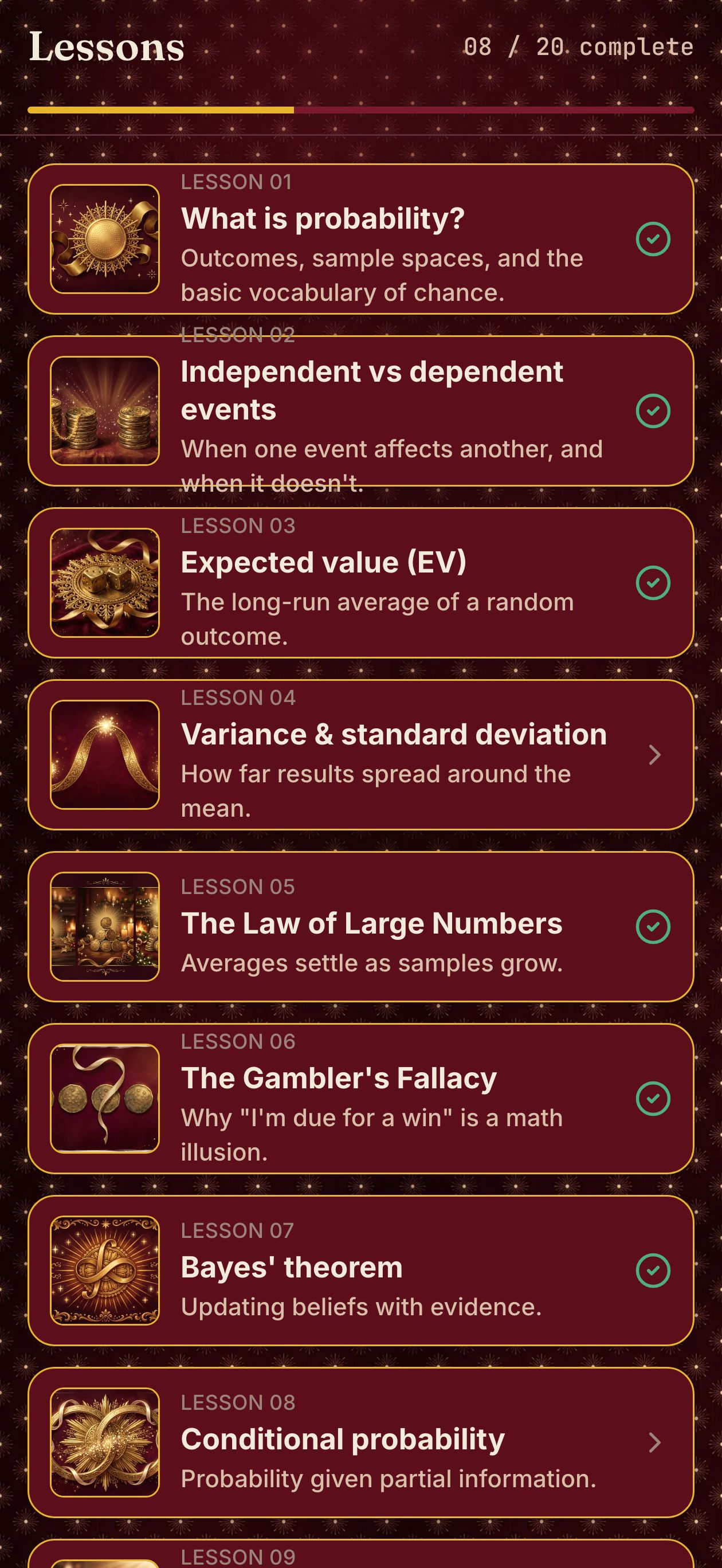 All twenty lessons, with a quiet progress meter at the top